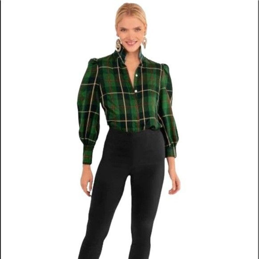GRETCHEN SCOTT Juliette Plaidly Cooper Green Blouse Goddess 16 Puff Sleeve Top